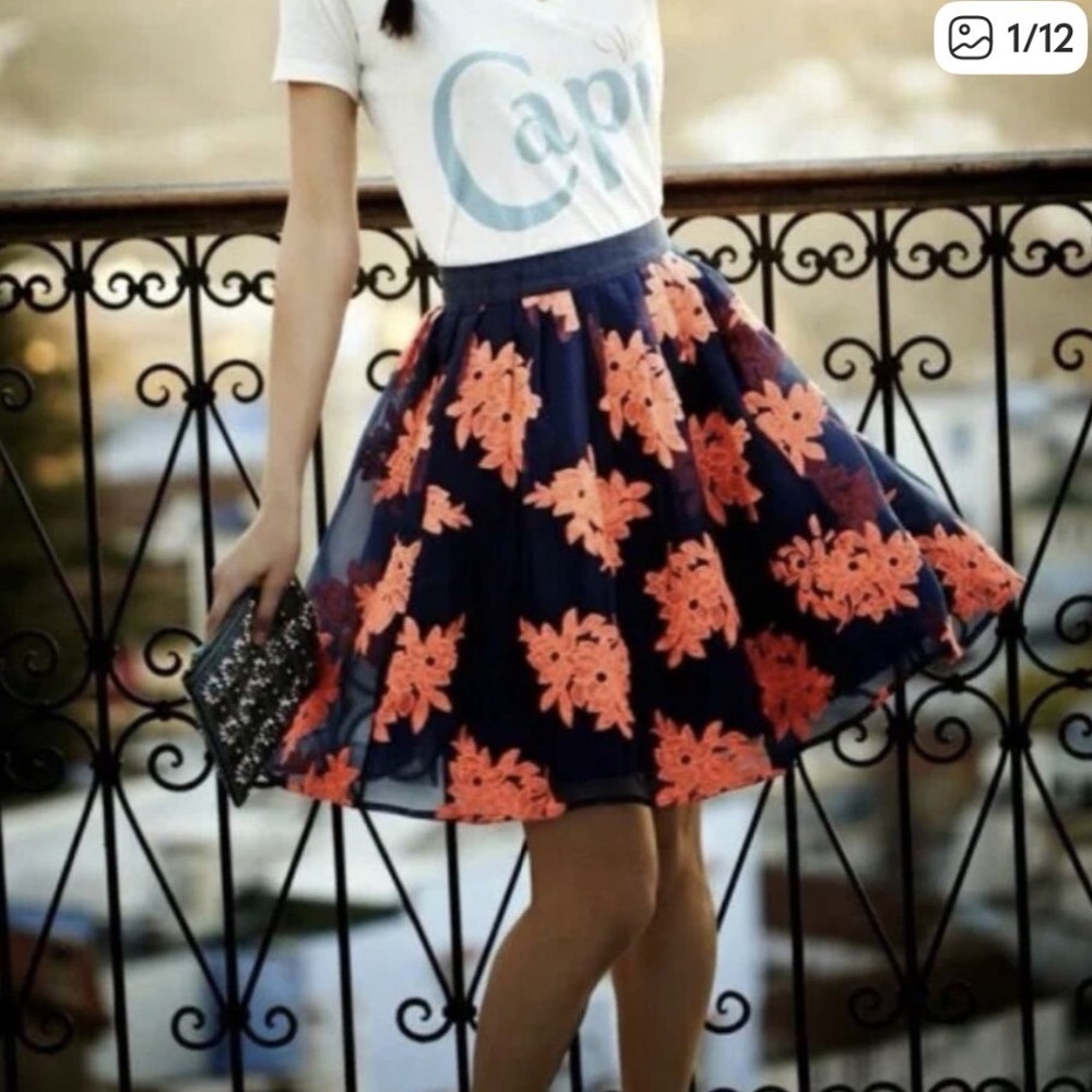 Anthropologie Maeve Pome Blossom Full Skirt Navy Coral Embroidered Tulle Size 0